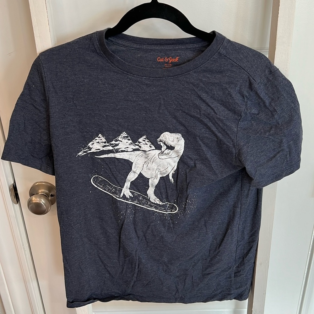 Grey Youth Sz XL (16) T-Rex Dinosaur Snowboarder T-Shirt by Cat & Jack